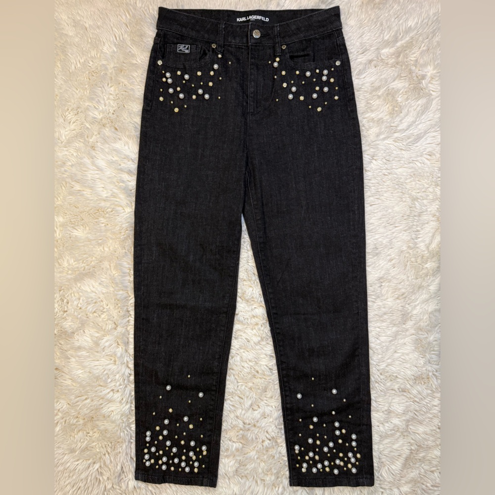 Karl Lagerfeld Pearl & Gold Beaded Black Straight Leg Jeans
